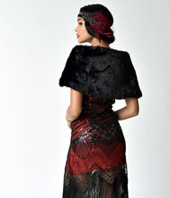 Load image into Gallery viewer, Unique Vintage Black Faux Fur Ribbon Tie Shrug
