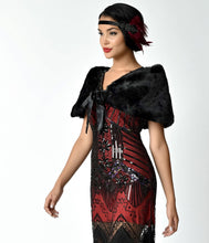 Load image into Gallery viewer, Unique Vintage Black Faux Fur Ribbon Tie Shrug
