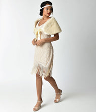 Load image into Gallery viewer, Unique Vintage Ivory Faux Fur Ribbon Tie Shrug
