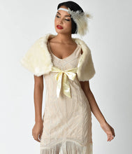 Load image into Gallery viewer, Unique Vintage Ivory Faux Fur Ribbon Tie Shrug
