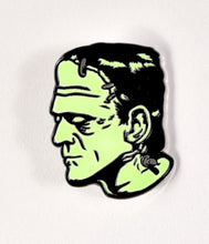 Load image into Gallery viewer, White &amp; Green Bride &amp; Frankenstein Glow-In-The-Dark Enamel Pin Set
