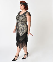 Load image into Gallery viewer, Unique Vintage Plus Size 1920s Black Rose &amp; Champagne Noele Fringe Flapper Dress

